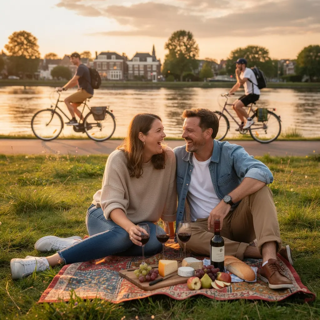 Een levendig straatbeeld met traditionele Nederlandse huizen en cafés.