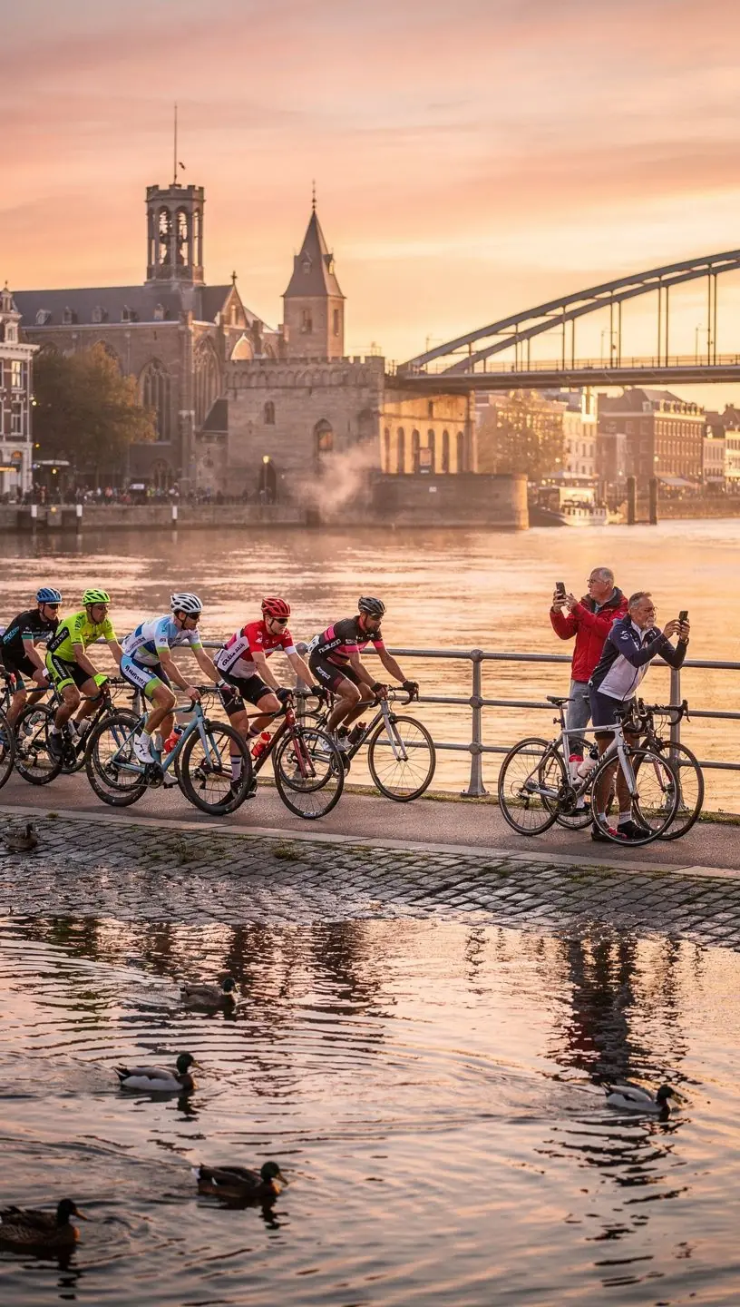 Een panoramisch uitzicht op de Waal met het kasteel van Nijmegen op de achtergrond.